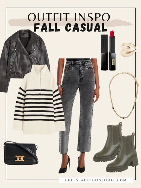 Loving these studded wide leg jeans! Paired with a striped oversized sweater, leather jacket, cute Celine inspired purse under $25 and green heeled ankle boots. Throw on some gold accessories and jewelry + a red lip and you’re put together. Could wear to work or play. 

Black crossbody bag, black jeans, fall outfit, fall style inspo, ootd, fall boots, Walmart find, Walmart shoes 

#LTKfindsunder50 #LTKshoecrush #LTKstyletip