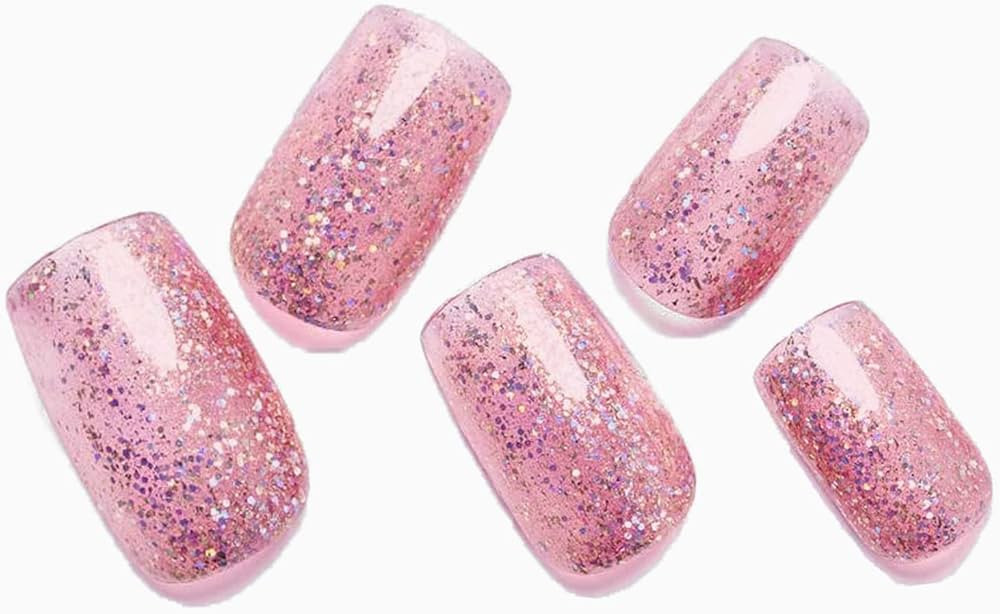 Press On Nails Short Medium GLAMERMAID, Glitter Pink French Fake Nails with Design Bling Square S... | Amazon (US)