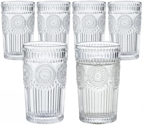 Kingrol Embossed Vintage Drinking Glasses Set of 6, 12 oz Textured Glass Tumblers, Clear Retro Wa... | Amazon (US)