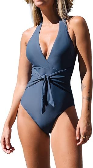 CUPSHE Women's Halter One Piece Swimsuit Plunge Tie Waisted Backless Bathing Suit | Amazon (US)