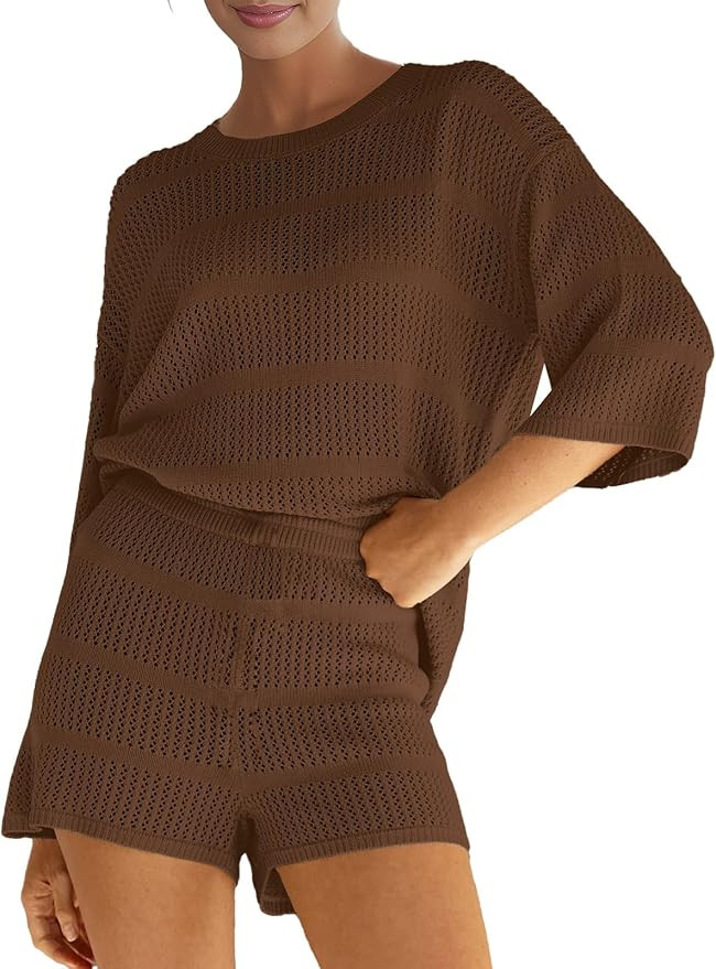 SuperPrity Swimsuit Coverup for Women Crochet Knit 3/4 Sleeve Two Piece Sets Summer Beach Outfits... | Amazon (US)