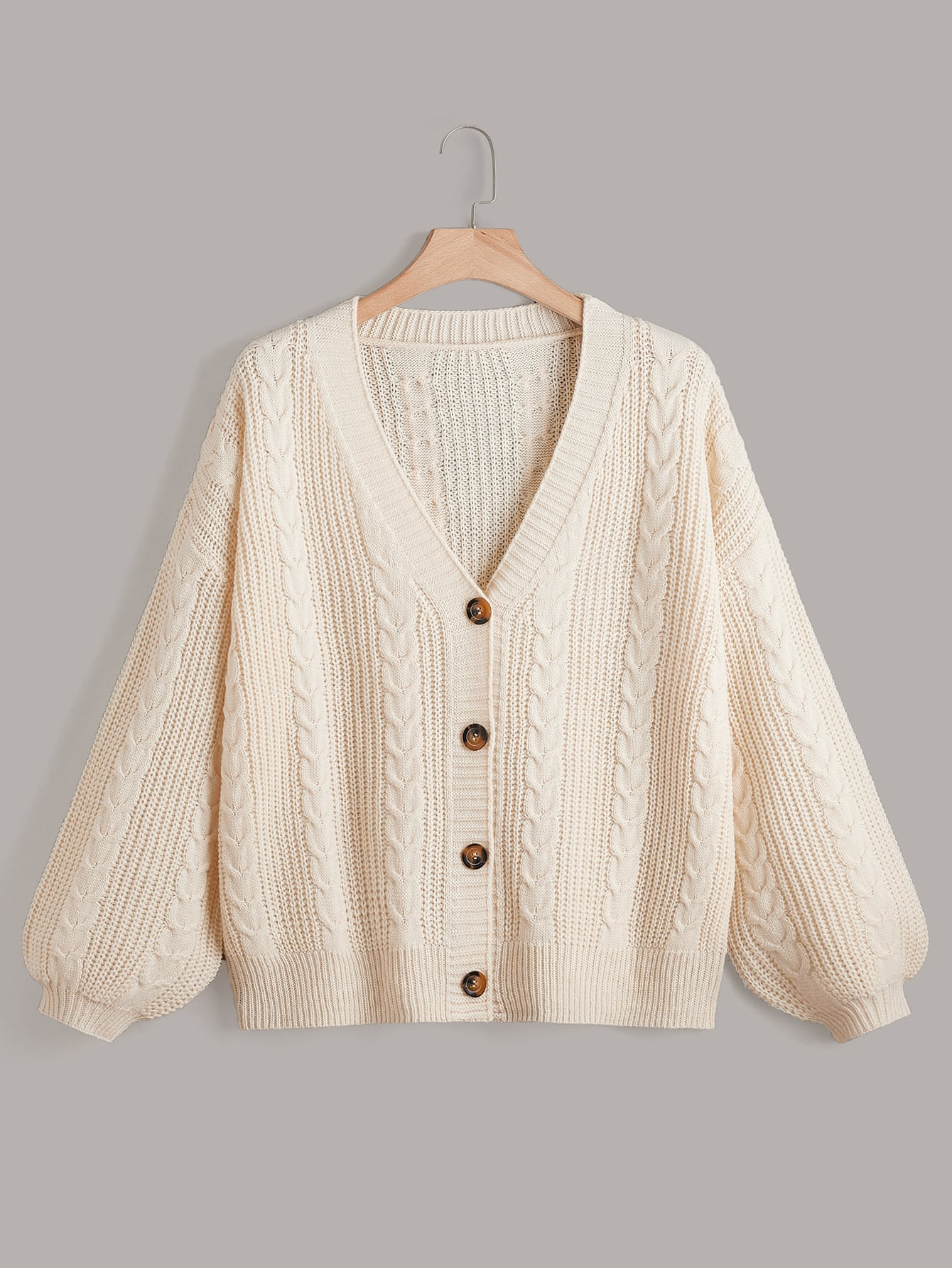 SHEIN LUNE Plus Cable Knit Lantern Sleeve Cardigan | SHEIN