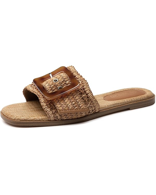 Rihero Women's Raffia Flat Sandals Square Open Toe Summer Beach Slip On Woven Buckle Slide Sandal... | Amazon (US)