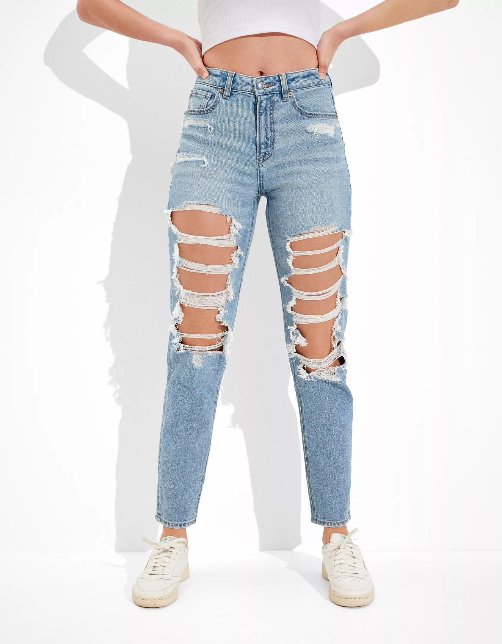 AE Stretch Ripped Mom Jean | American Eagle Outfitters (US & CA)