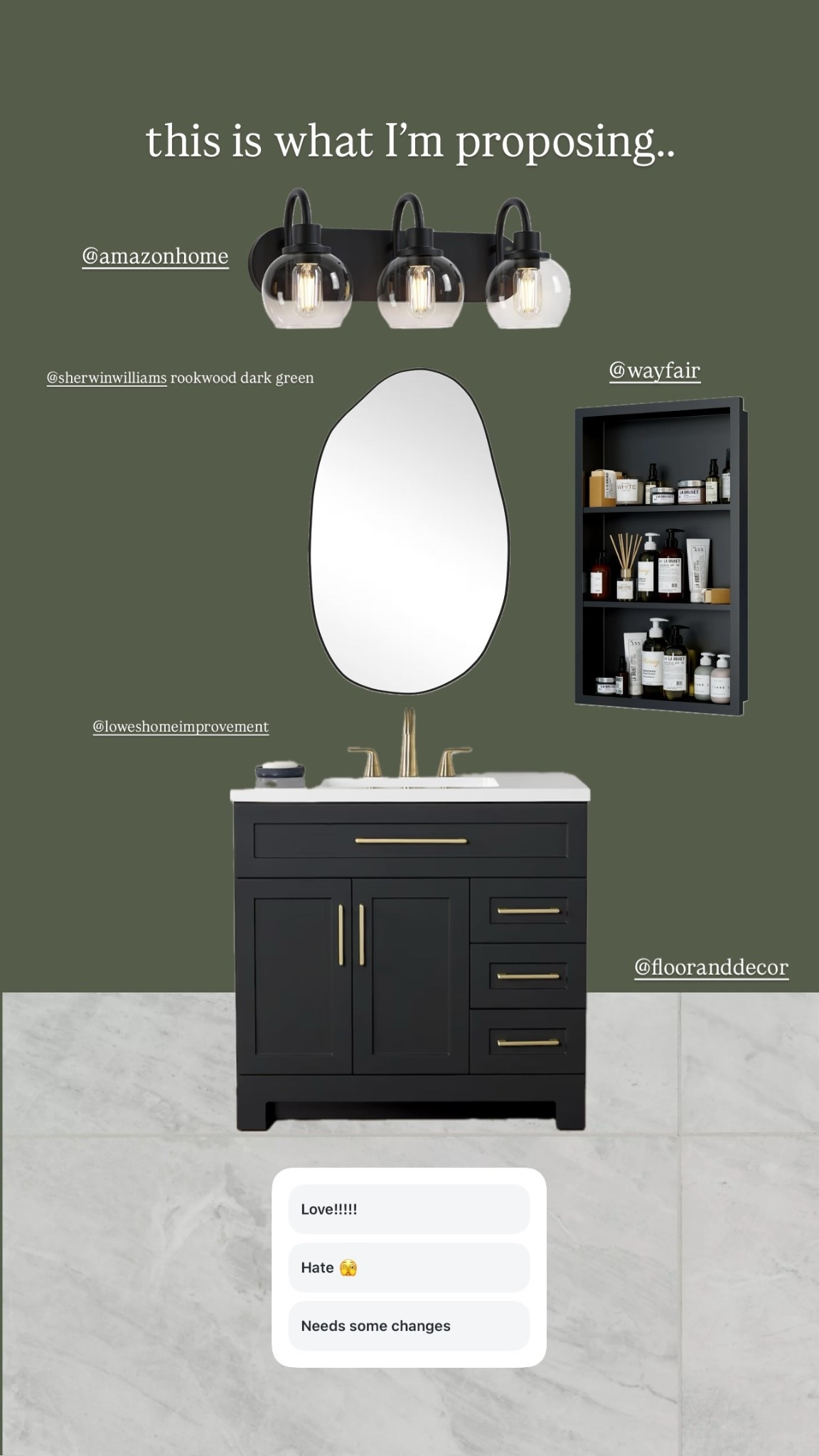this is what I’m proposing…… @wayfair  @flooranddecor  @amazonhome  @sherwinwilliams rookwood dark green @loweshomeimprovement