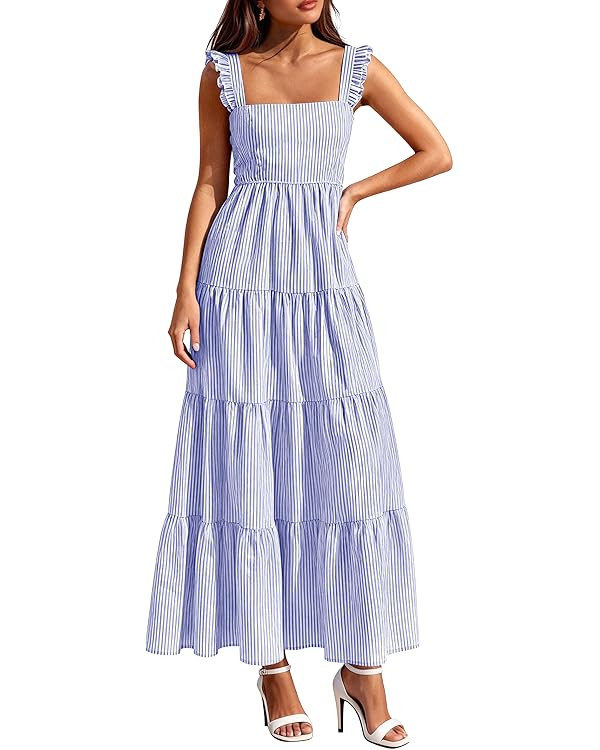 PRETTYGARDEN Womens 2026 Summer Casual Maxi Dresses Striped Square Neck Sleeveless Boho Flowy Sun... | Amazon (US)