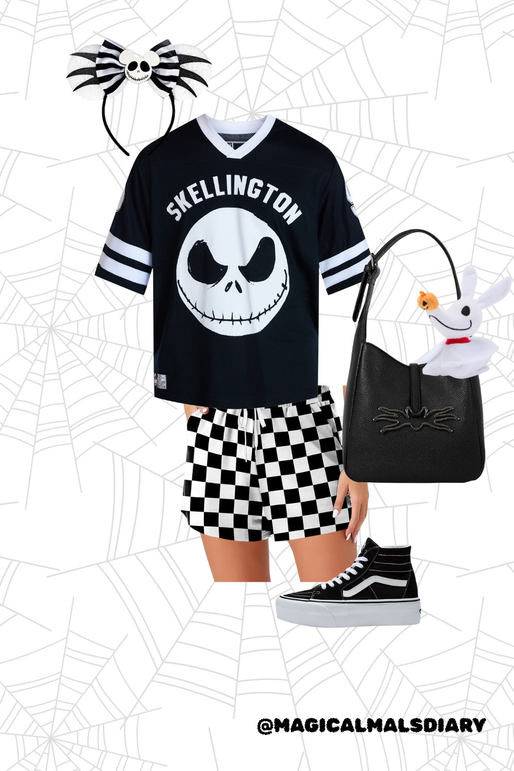 This Nightmare Before Christmas-inspired Disney Halloween outfit features a Jack Skellington jersey, checkerboard shorts, spooky Mickey ears, black Vans, and a Zero-inspired bag. Perfect Disney World Halloween outfit inspiration for anyone who loves spooky Disney style, Halloween fashion, and Nightmare Before Christmas! 

 #LTKxWalmart