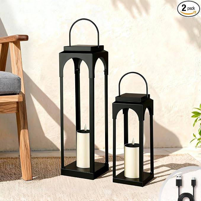 Large Solar Outdoor Lanterns, 26" 18" Tall Farmhouse Black Metal Waterproof Decorative Lanterns w... | Amazon (US)