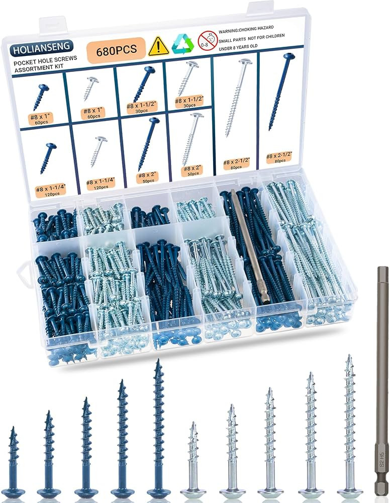 680 pcs Pocket Hole Screws Assortment Kit, 5 Sizes Blue Ceramic Coated and Zinc Coated Pocket Scr... | Amazon (US)