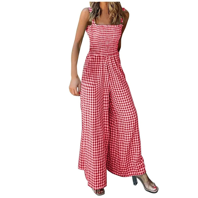 Fanxing Sleeveless Jumpsuits for Women Elegant Smocked Jumpsuit Plaid Gingham Wide Leg Romper Sum... | Walmart (US)