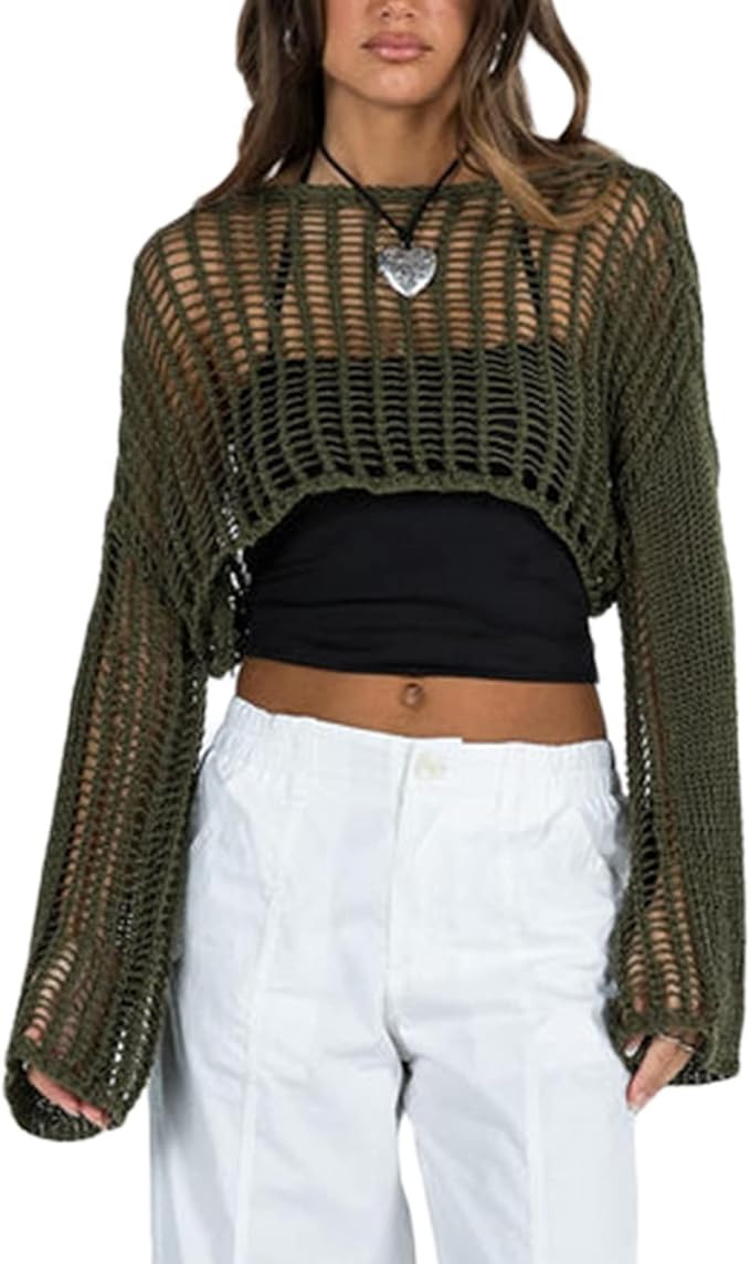 Women Solid Color Hollow Out Knit Bolero Crochet Long Sleeve Crop Tops Y2K Baggy Shrug Sweater Fa... | Amazon (US)