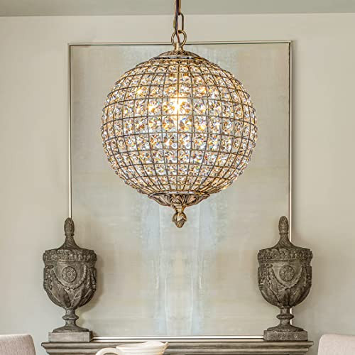 ALOADECOR 1-Light W12 in. Retro Antique Gold Globe Chandelier Small Crystal Vintage Chandelier Cage-Style Shade Pendant Light for Kitchen Island Sphere Chandelier for Bedoom | Amazon (US)