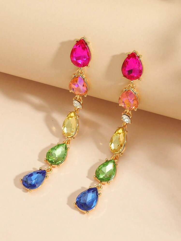 1pair European And American Style Rainbow Rhinestone & Faux Pearl & Tassel Design Women's Party Fashionable Crystal Earrings | SHEIN