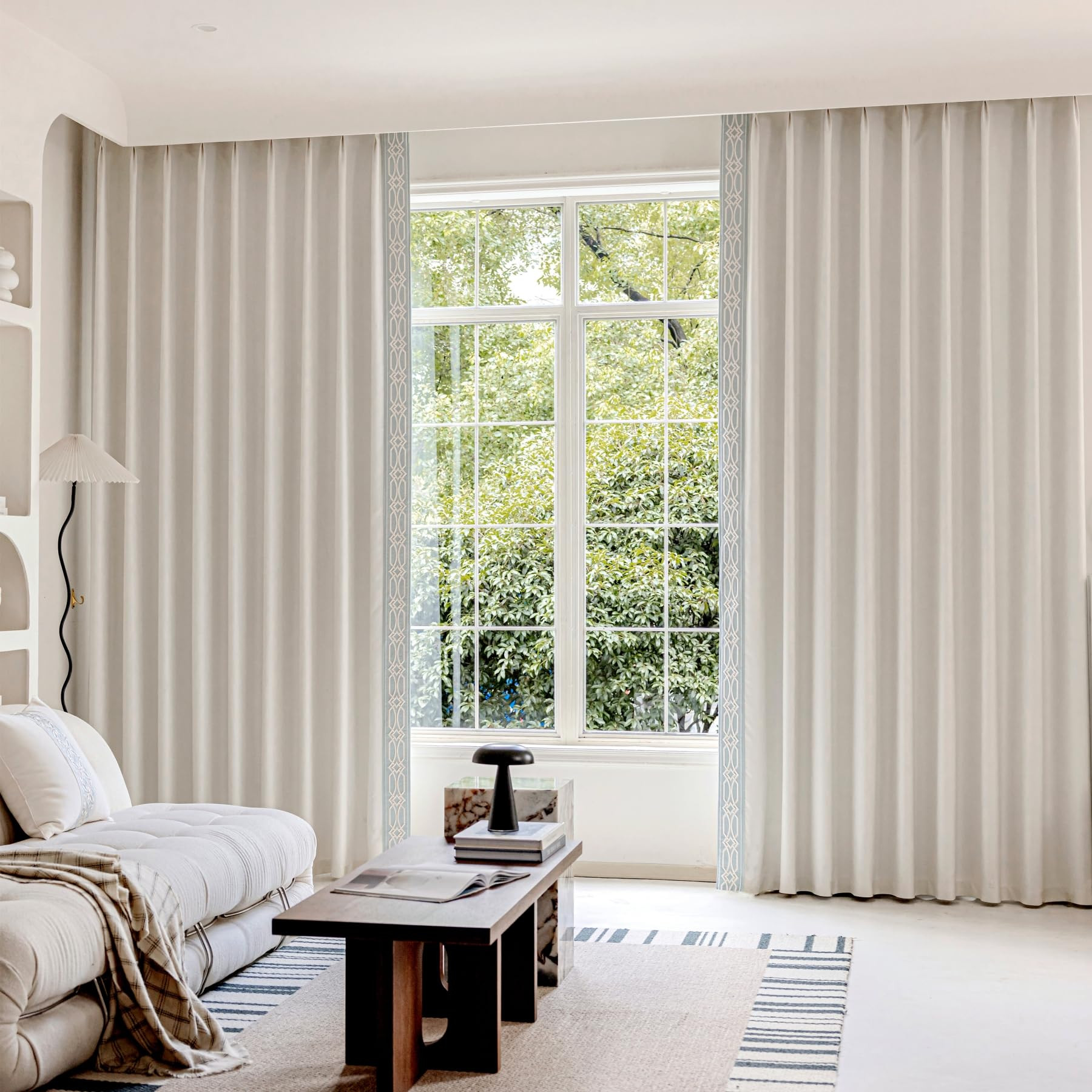 Pearl White Cotton Blend Curtains - Pinch Pleated Curtains with Embroidery Trim for Home Living R... | Amazon (US)