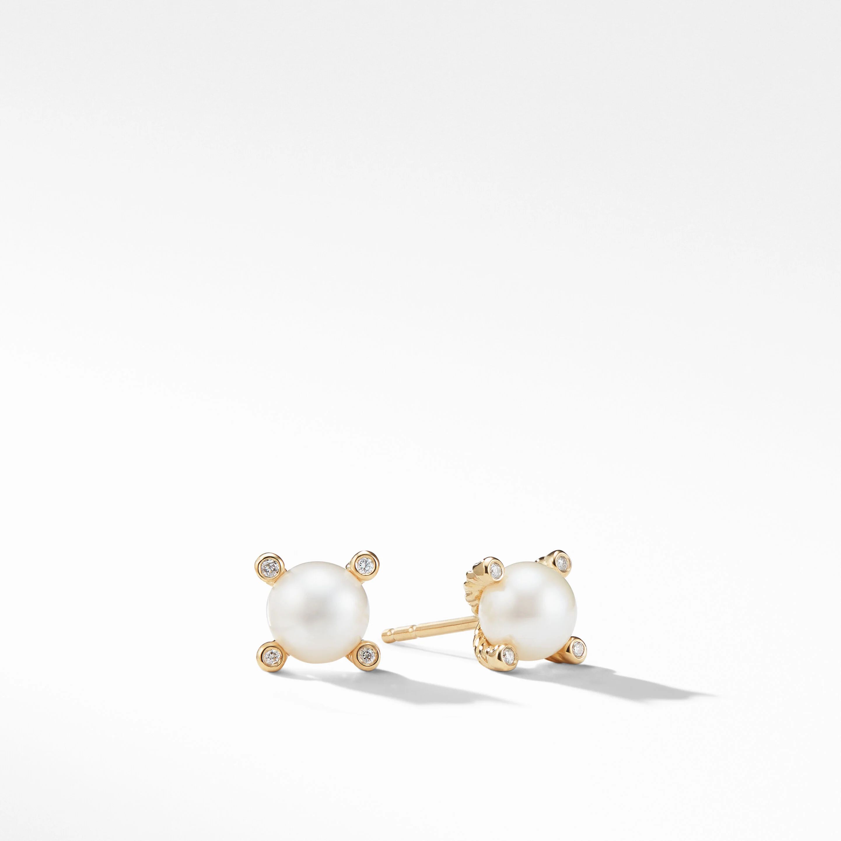 Cable Pearl Stud Earrings in 18K Yellow Gold with Diamonds | David Yurman