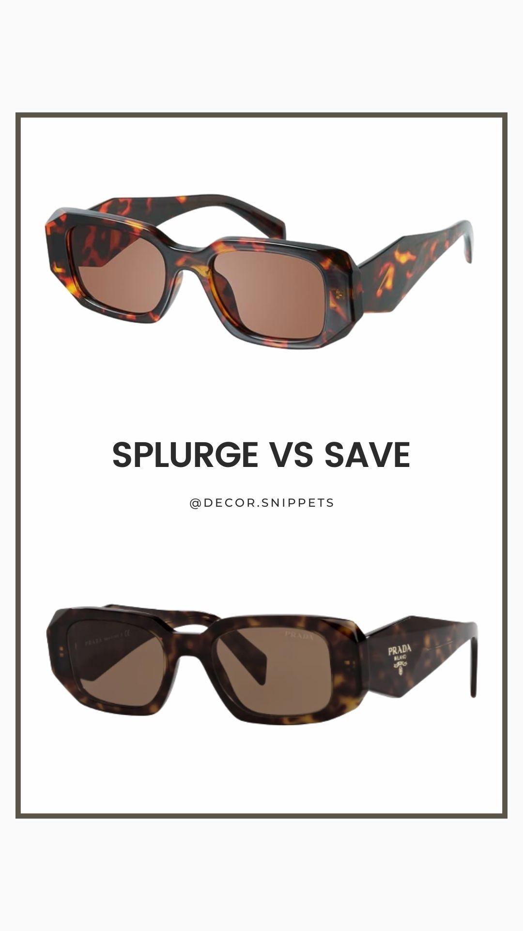 Splurge vs Save 😎🕶️
Obsessed with this chic tortoiseshell frame? You're not alone! Whether you're ready to splurge on the designer look (hello, Prada) or save with a stylish dupe that looks just as luxe — we've got both linked for you.✨

Tap to shop your fave!
#LTKStyle #LTKSaleAlert #AmazonFashion #DesignerDupe #SunglassStyle #PradaLookalike #SplurgeOrSave #LTKFinds