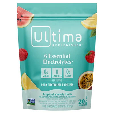 Ultima Replenisher, 6 Essential Electrolytes, Daily Electrolyte Drink Mix, Tropical Variety Pack, 20 Stickpacks, 2.4 oz (69 g) | iHerb
