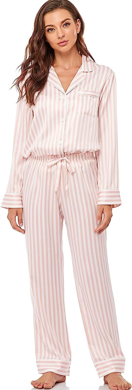 Serenedelicacy Women's Satin Pajama Set Long Sleeve Button Down Sleepwear 2-Piece Striped Silky P... | Amazon (US)