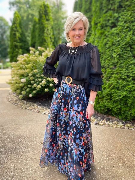Gorgeous floral watercolor maxi and black off the shoulder top! Stretchy wide belt, black stiletto boots and gold jewelry for accessories! Wedding Guest | Fancy dinner | girls night out | date night 

#ootd #50isnotold #weddingguestoutfit 

#LTKwedding #LTKshoecrush #LTKworkwear