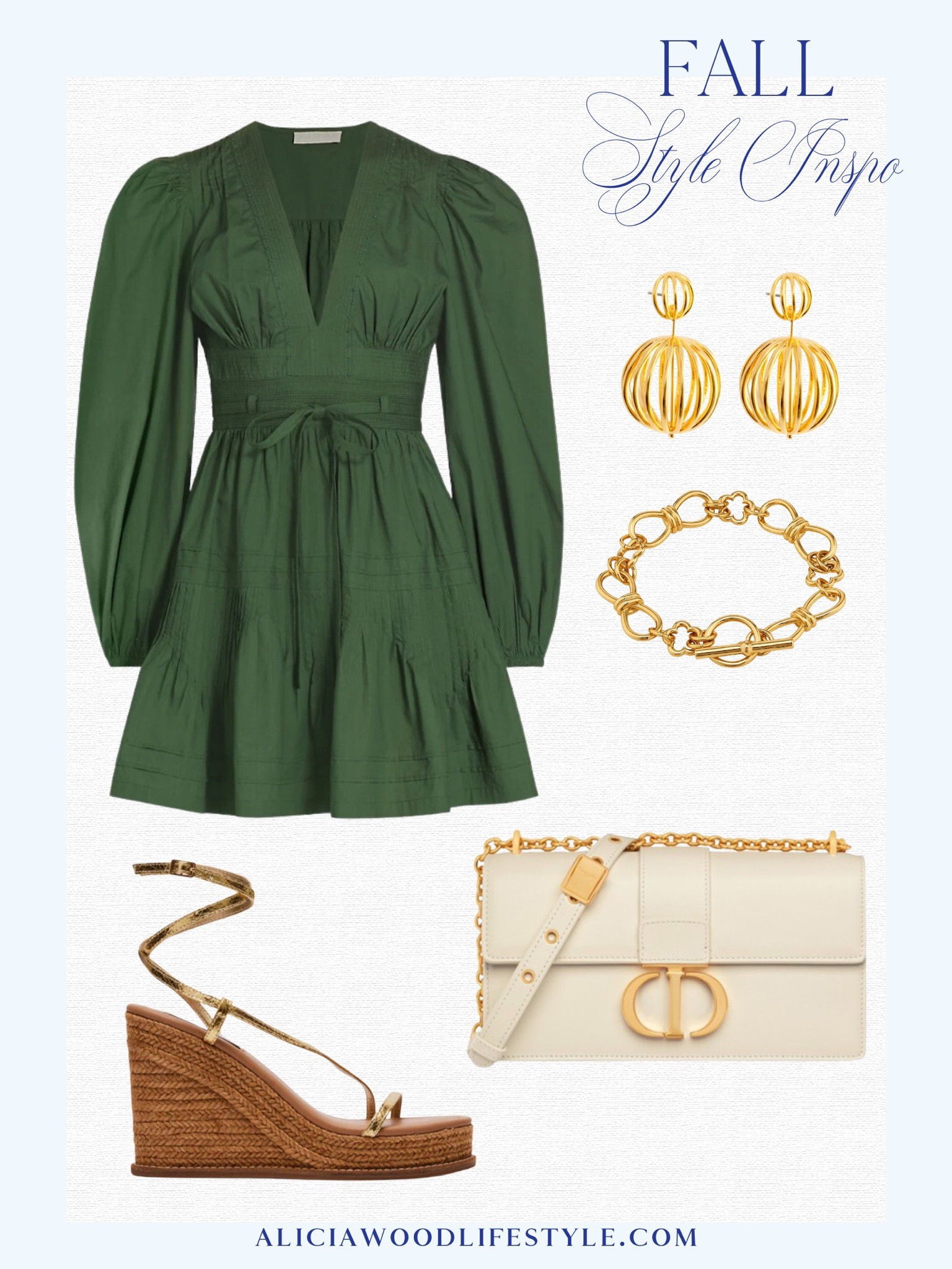 The prettiest green going into Fall!

Green long sleeve mini dress
White/Cream and gold Dior 30 Montaigne bag
Steve Madden gold wrap espadrille sandals 
Gold birdcage earrings 
Gold chain bracelet 

#LTKSeasonal #LTKshoecrush #LTKstyletip