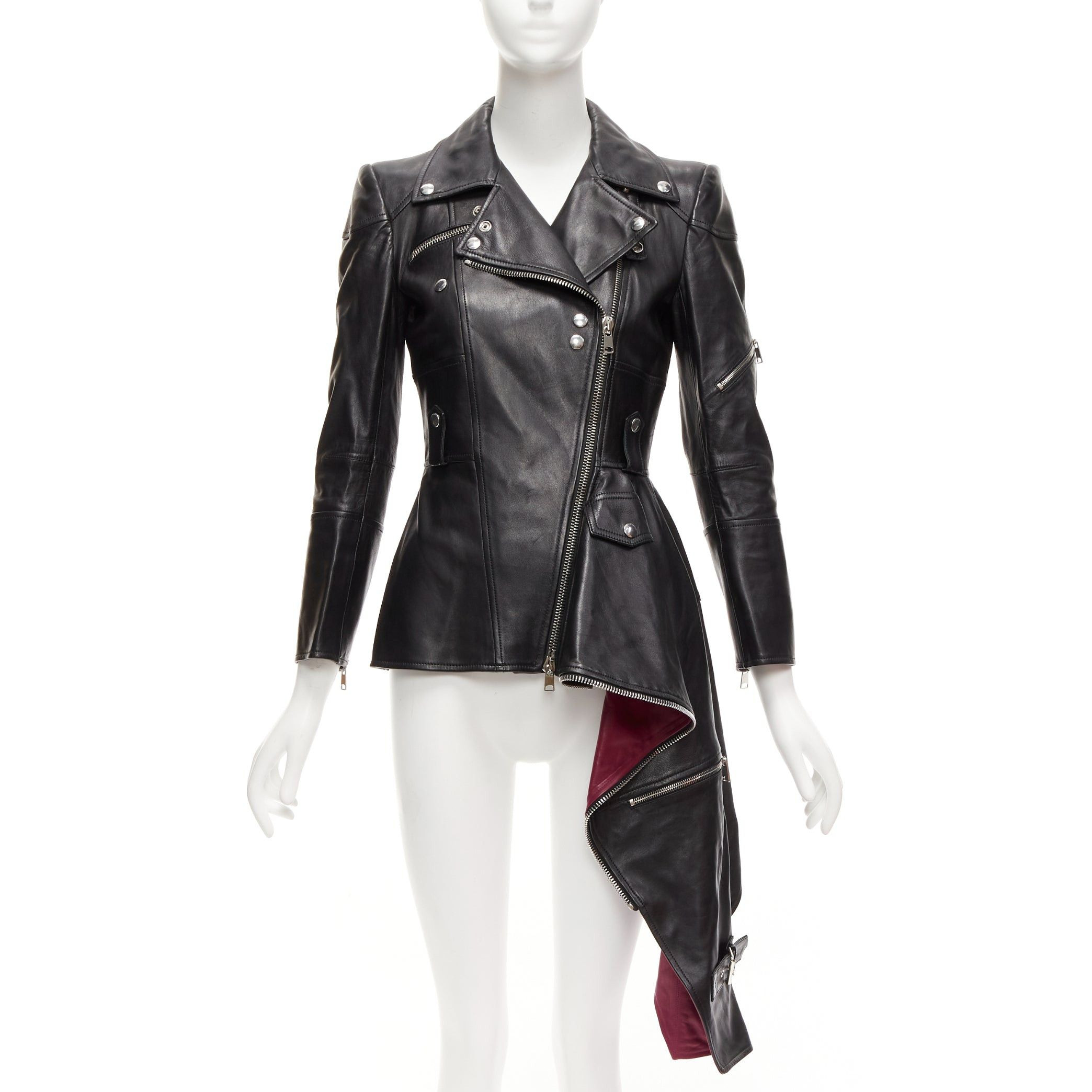 Alexander McQueen ALEXANDER MCQUEEN Runway black leather zip asymmetric hem biker jacket IT38 XS ... | Grailed