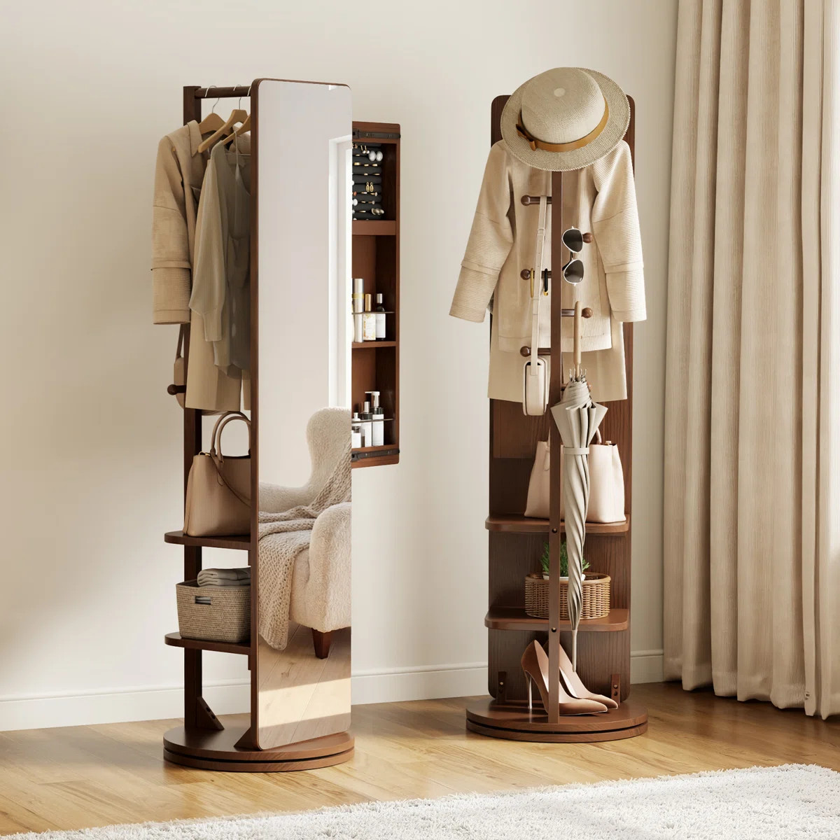 360\u00b0 Rotating Full-Length Mirror Hall Tree with Built-In Jewelry Cabinet, Walnut Finish Mult... | Wayfair North America