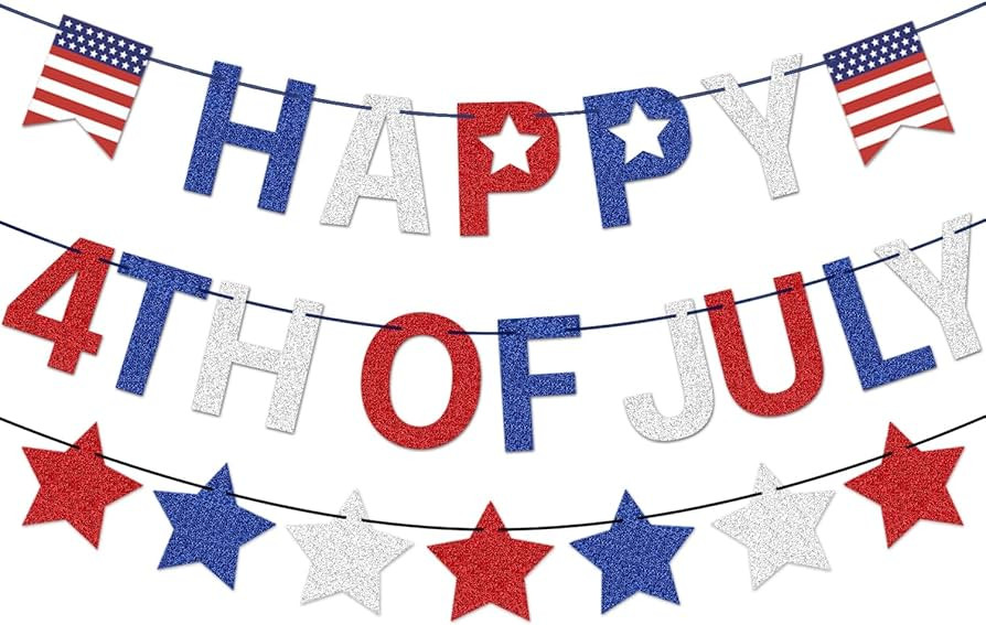 4th of July Banner Red White Blue Glitter Happy 4th of July Banner and Star Garland for Indepe... | Amazon (US)