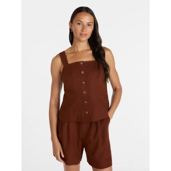 Time and Tru Women's Linen Blend Button Front Tank Top with Adjustable Straps, Sizes XS-XXXL | Walmart (US)