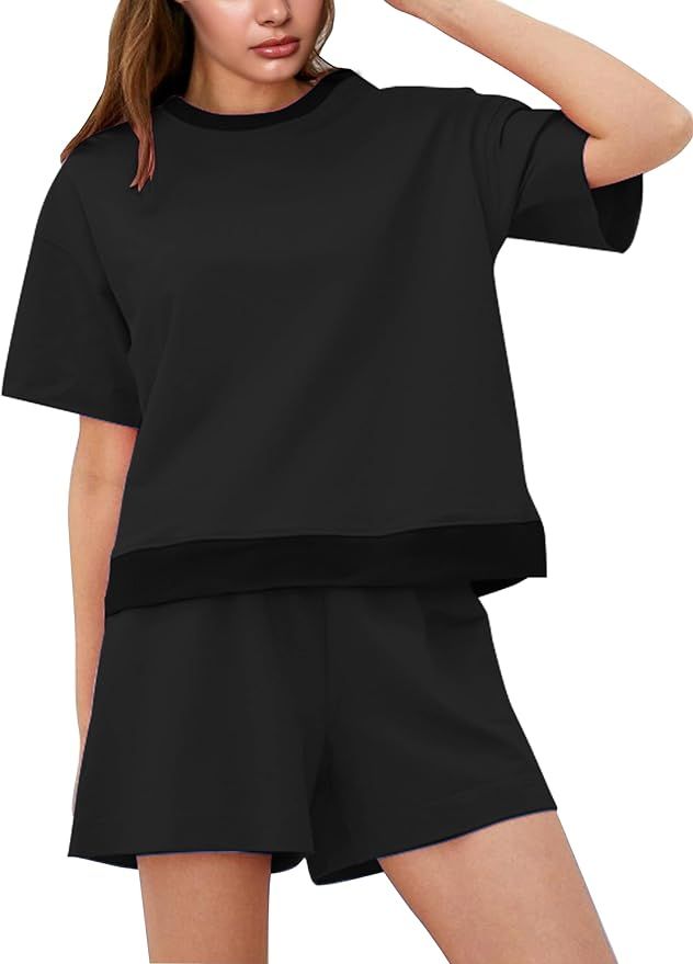 Womens 2 Piece Outfits Crew Neck Short Sleeves Pullover Tops Baggy Wide Leg Shorts Lounge Sets | Amazon (US)