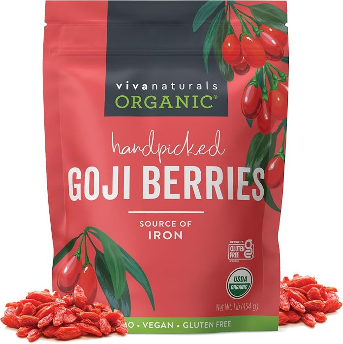 Viva Naturals Organic Dried Goji Berries, 1 lb (454 g) \u2013 Non-GMO, Vegan Wolfberries, Perfect... | Amazon (US)