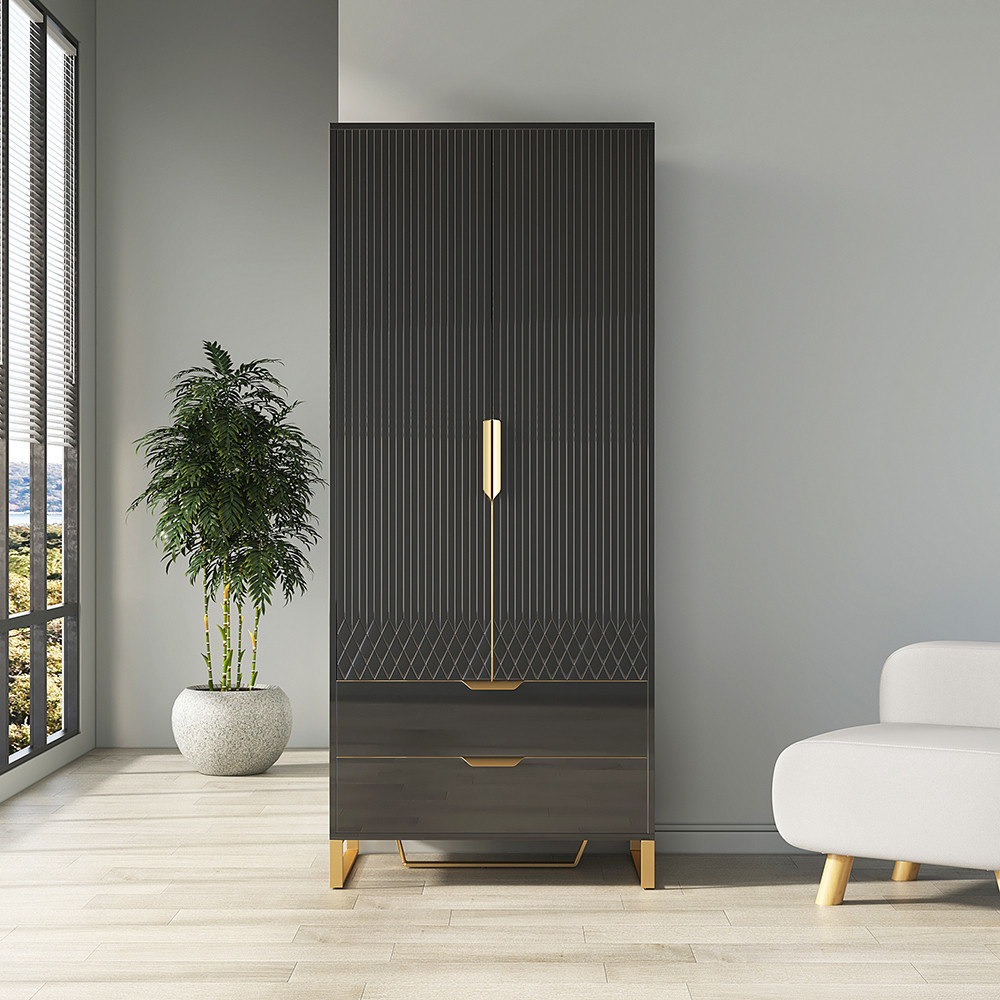 Aro Modern Black Tall Wardrobe with Storage Bedroom Clothing Armoire | Homary