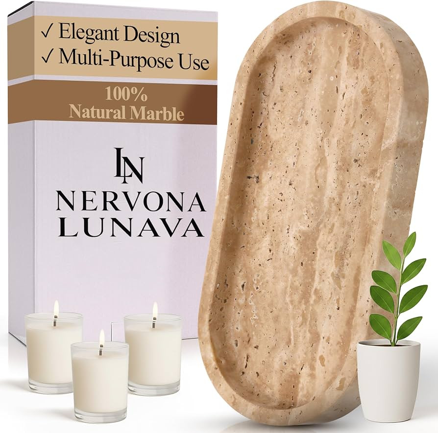 Beige Travertine Oval Bathroom Tray | Amazon (US)