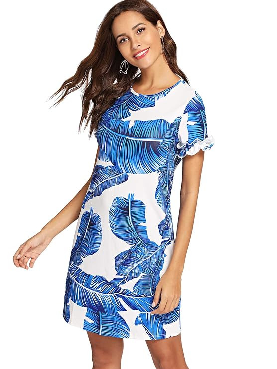 Floerns Women's Palm Leaf Print Short Sleeve Summer Dress | Amazon (US)
