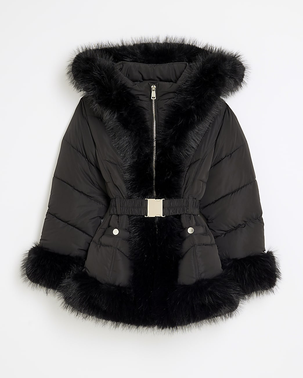 Girls Black Faux Fur Collared Puffer Coat | River Island UK & IE