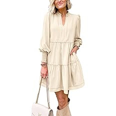 Imily Bela Womens Fall Long Sleeve Tunic Dress Casual V Neck Loose Ruffle Tiered Dress | Amazon (US)