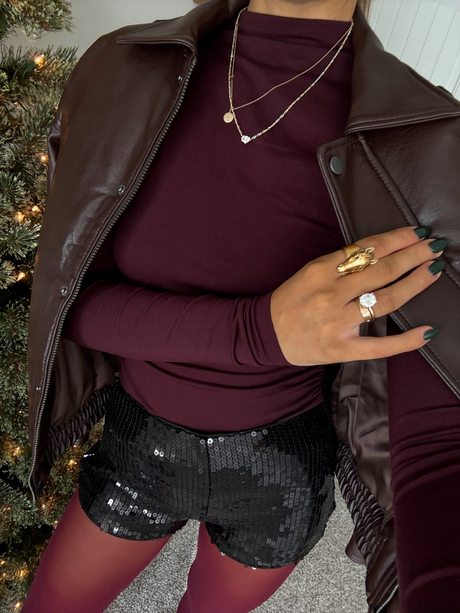 mock neck in a small, jacket in a small, shorts in a 26, tights in a medium :) my shoes are steve madden but linking amazon option 

holiday date night / new year’s eve outfit 

#LTKTall #LTKHoliday #LTKootd