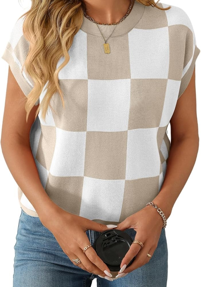 Checkered Tops for Women Cap Short Sleeve Pullover Sweater Color Block Knitted Plaid Shirt | Amazon (US)