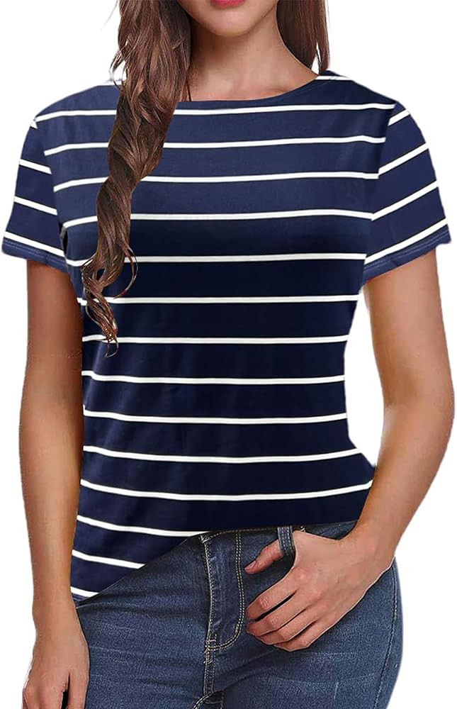 LilyCoco Women's Short Sleeve Striped Shirt Summer Crewneck T Shirt Basic Tops | Amazon (US)