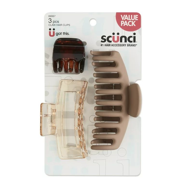 Scunci Plastic Claw Clips in Assorted Shapes and Sizes, Neutral Colors, 3ct - Walmart.com | Walmart (US)
