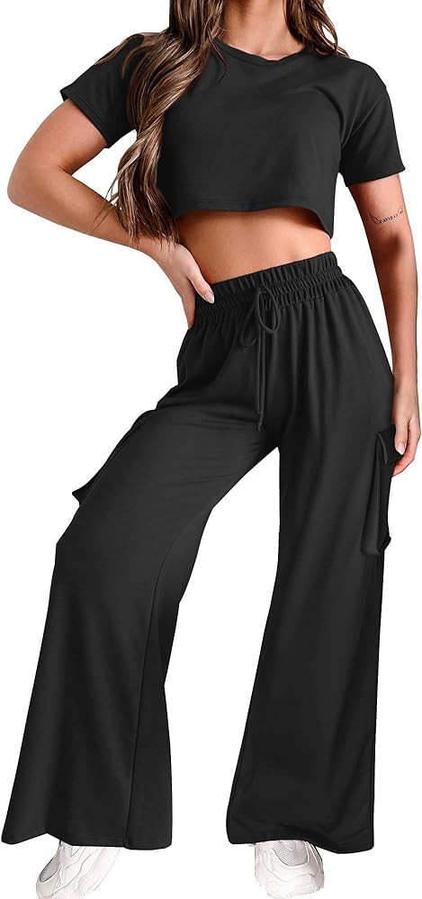 Womens 2 Piece Lounge Sets Summer Short Sleeve Crop Tops Two Piece Outfits Wide Leg Palazzo Pants... | Amazon (US)