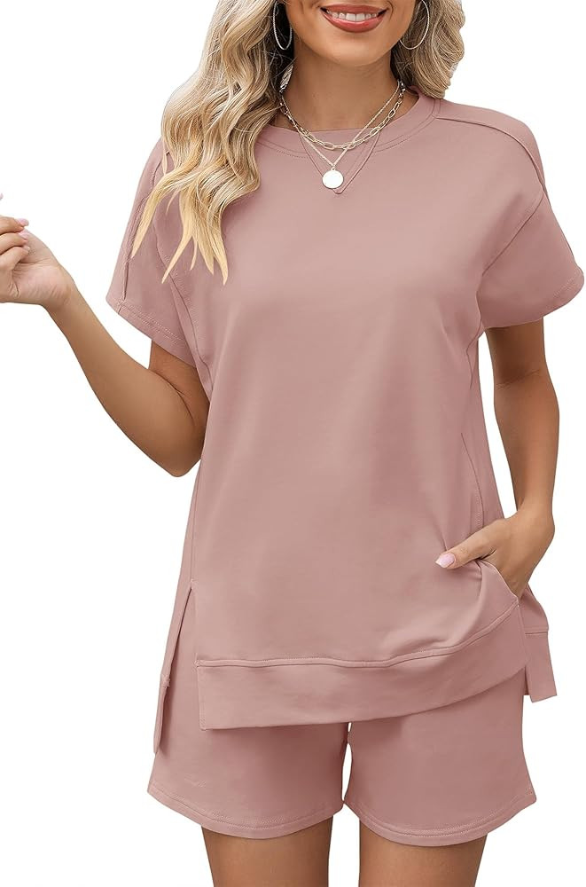 LOMON Womens Fashion 2 Piece Outfits Sweatsuits 2026 Summer Short Sleeve Loungewear Tracksuit Rou... | Amazon (US)