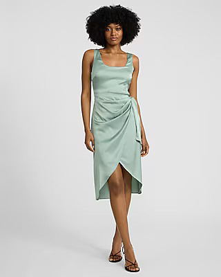 Satin Scoop Neck Tie Wrap Midi Sheath Dress | Express