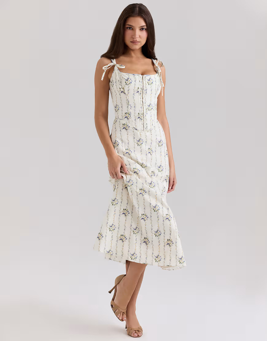 House of CB Dionne stretch cotton midi dress in cream daisy print-Neutral | ASOS (Global)