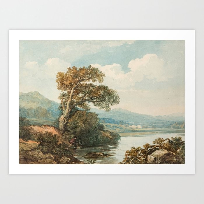 William Havell (1782-1857)  Gentleman fishing under a tree, with lake and mountains beyond Art Pr... | Society6