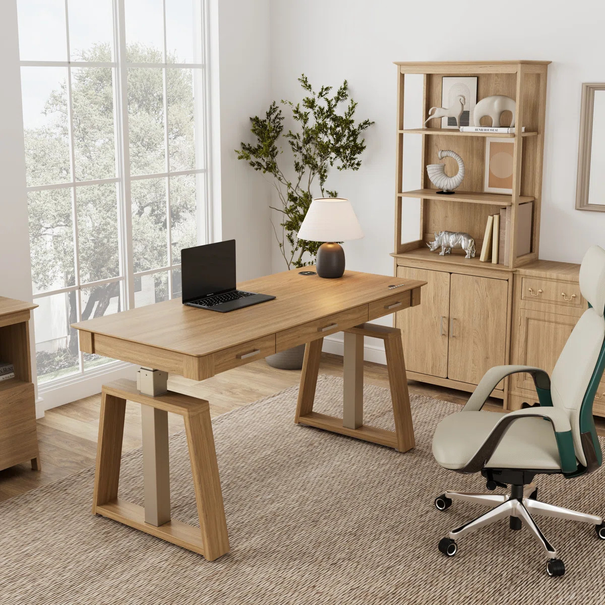 Natural Wood Style Electric Standing Desk with 3 Drawers home office desk | Wayfair North America