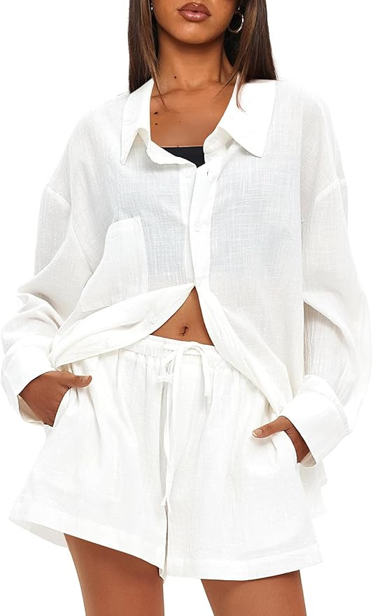 Darong Women's Summer 2 Piece Outfit Sets Long Sleeve Button Down Shirts Matching Short Sets Beac... | Amazon (US)