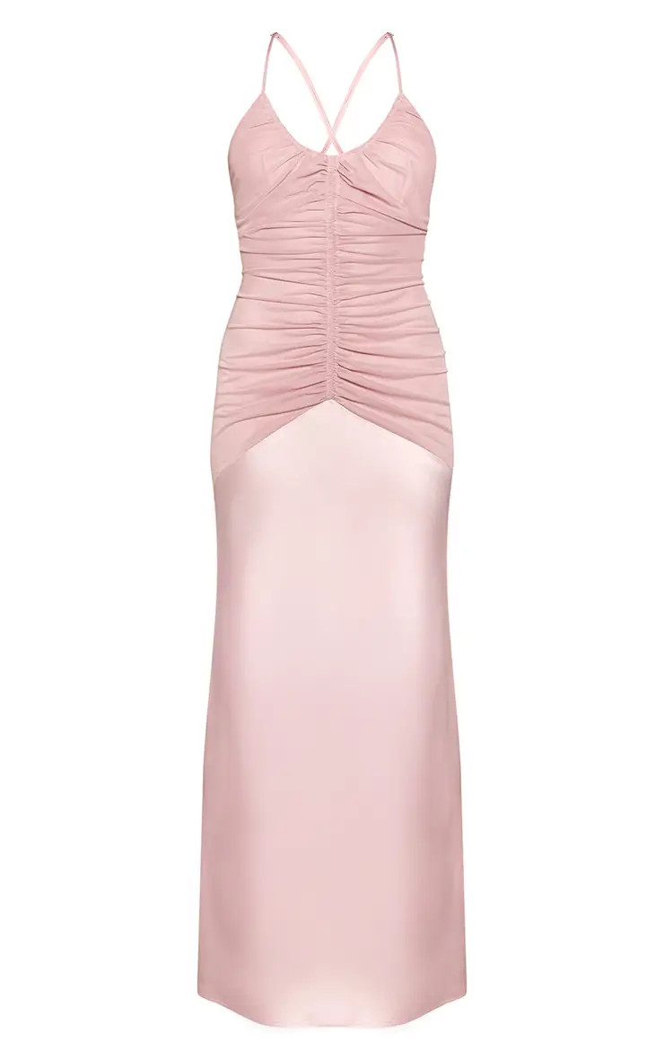 Baby Pink Ruched Detail Satin Maxi Slip Dress | PrettyLittleThing UK