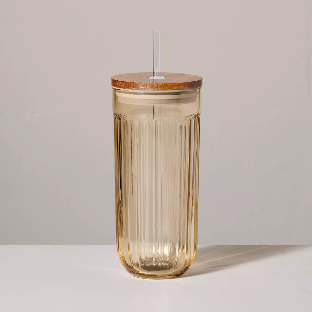 21oz Fluted Glass Tumbler with Wood Lid Beige - Hearth & Hand™ with Magnolia | Target