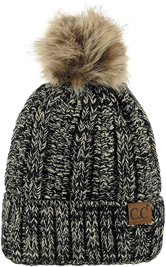 C.C Thick Cable Knit Faux Fuzzy Fur Pom Fleece Lined Skull Cap Cuff Beanie | Amazon (US)