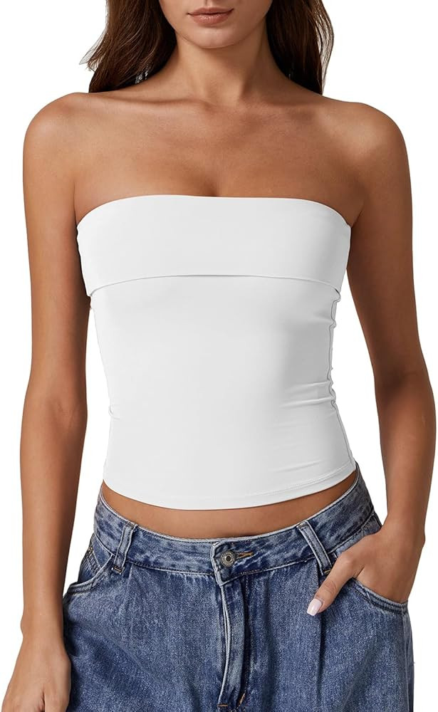 QINSEN Women's Tube Tops Strapless Bandeau Tops Double Lined Slim Fit Summer Going Out Tank Tops | Amazon (US)
